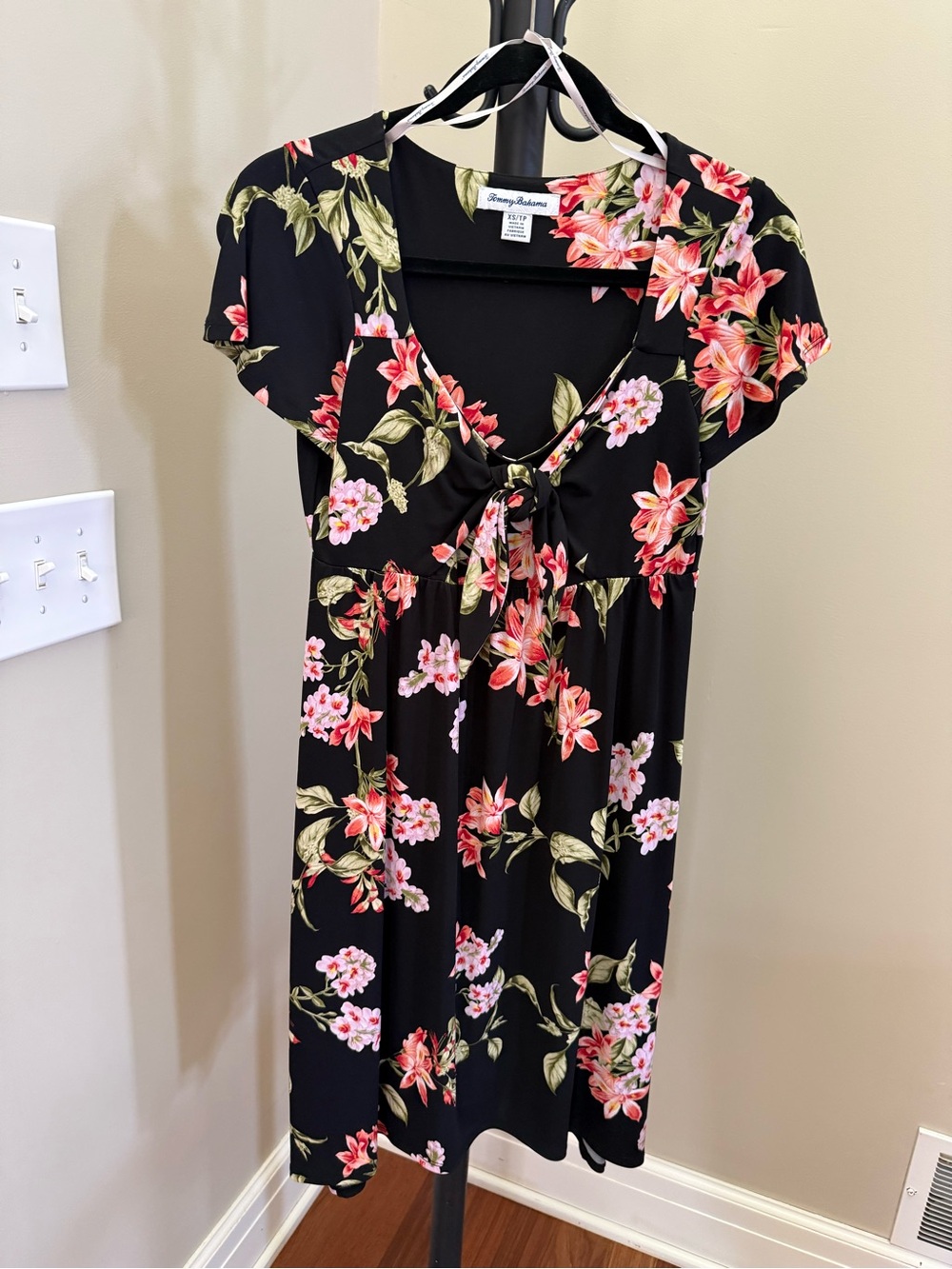 Tommy Bahama Petal of Honor Floral Midi Black Dress with Pink & Green Accents